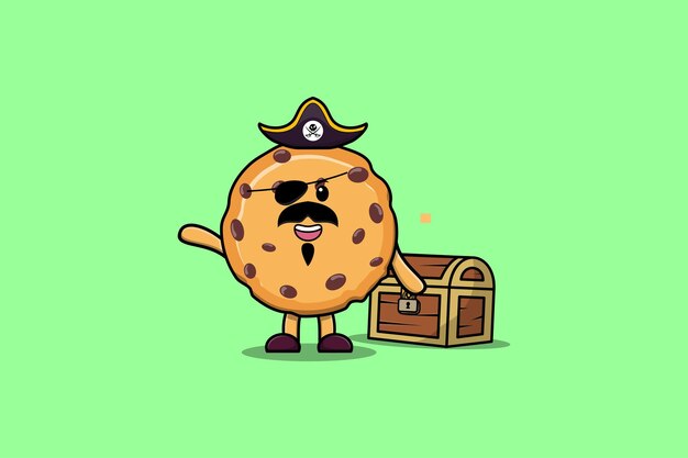 Cute cartoon character Biscuits pirate with treasure box illustration in modern style design