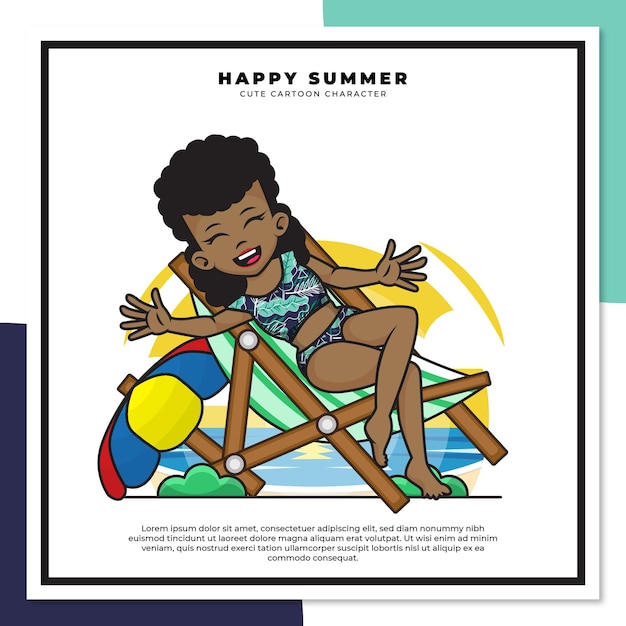 Cute cartoon character of black girl was relaxing on the beach with happy summer greetings