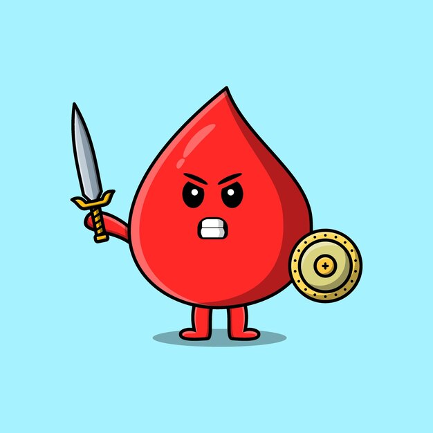 Cute cartoon character Blood drop holding sword and shield in modern style design