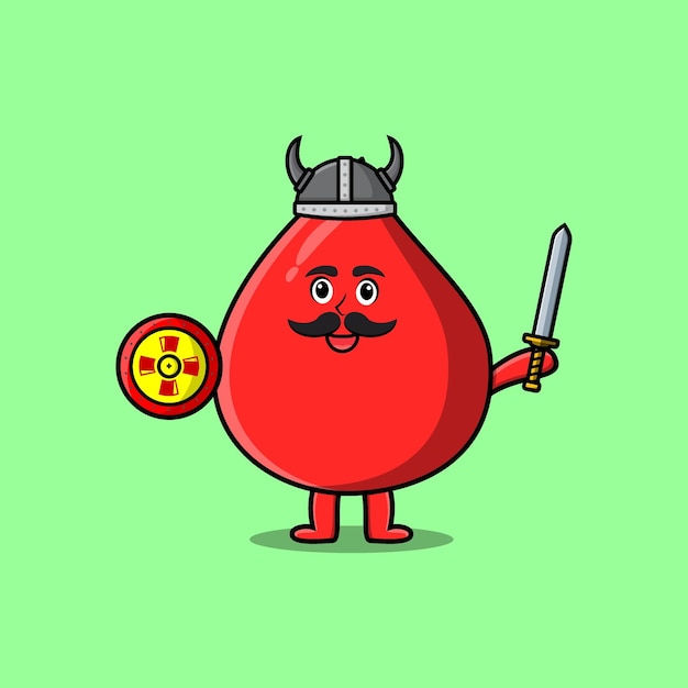 Cute cartoon character Blood drop viking pirate with hat and holding sword and shield