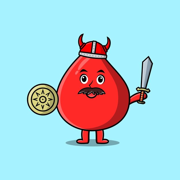 Cute cartoon character Blood drop viking pirate with hat and holding sword and shield