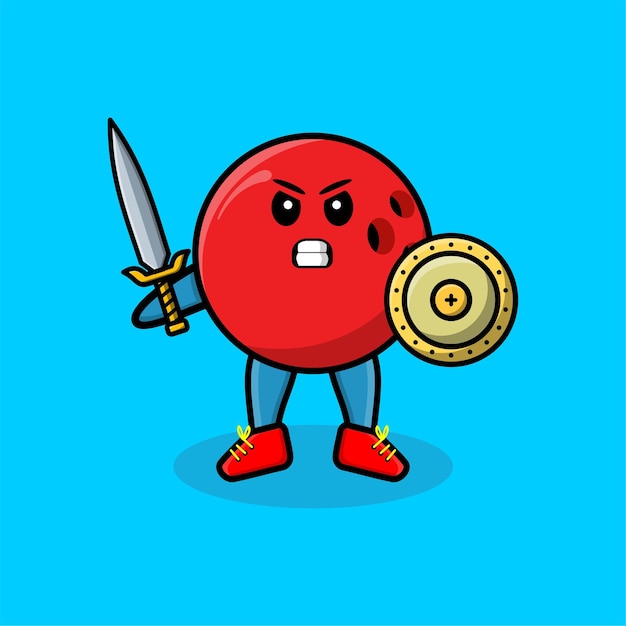 Cute Cartoon character of bowling ball is holding up the shield and sword with happy gesture