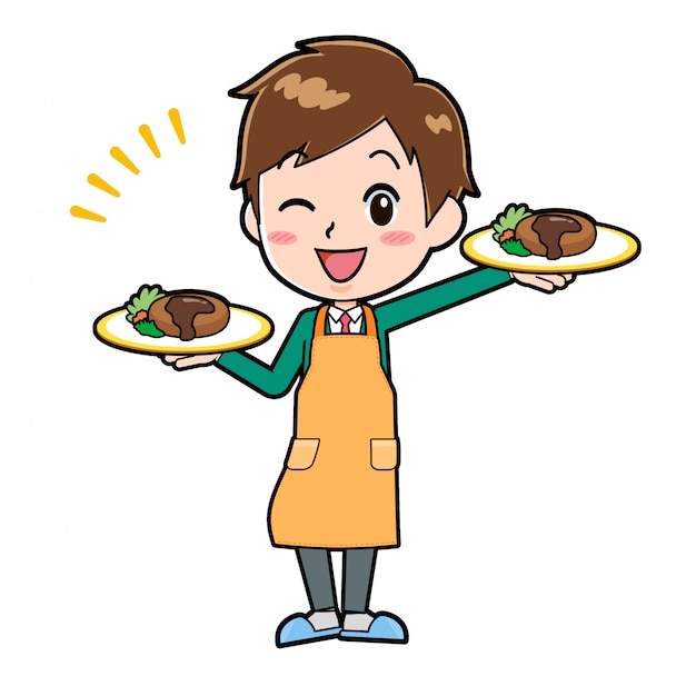 Cute cartoon character boy, cook waitress