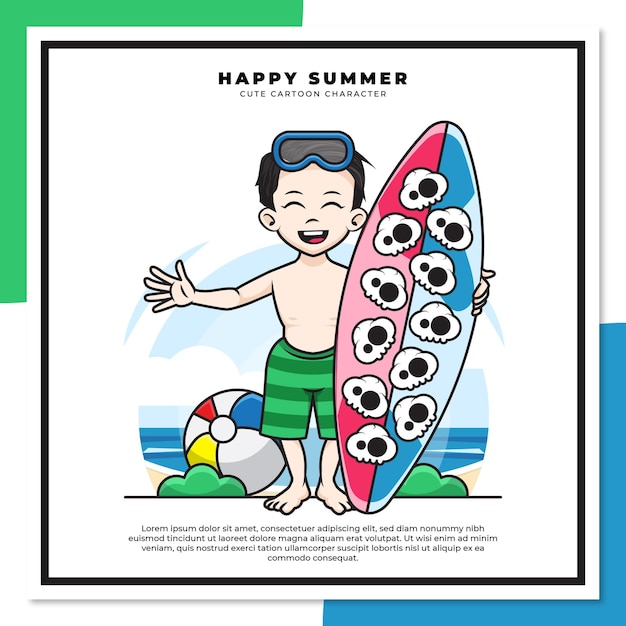 Cute cartoon character of boy is holding surfing board on the beach with happy summer greetings