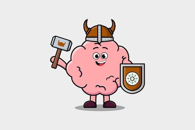 Cute cartoon character Brain viking pirate with hat and holding hammer and shield