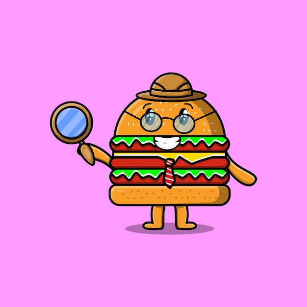 Cute cartoon character Burger detective is searching with magnifying glass