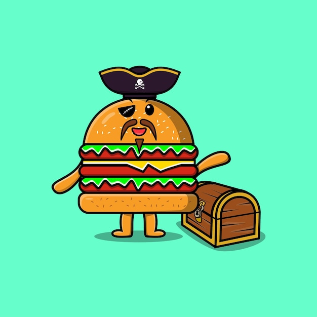 Cute cartoon character Burger pirate with treasure box illustration in modern style design