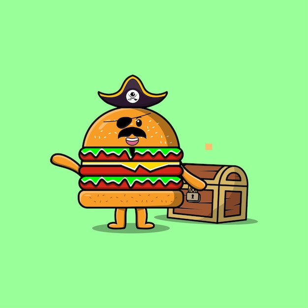 Cute cartoon character Burger pirate with treasure box illustration in modern style design