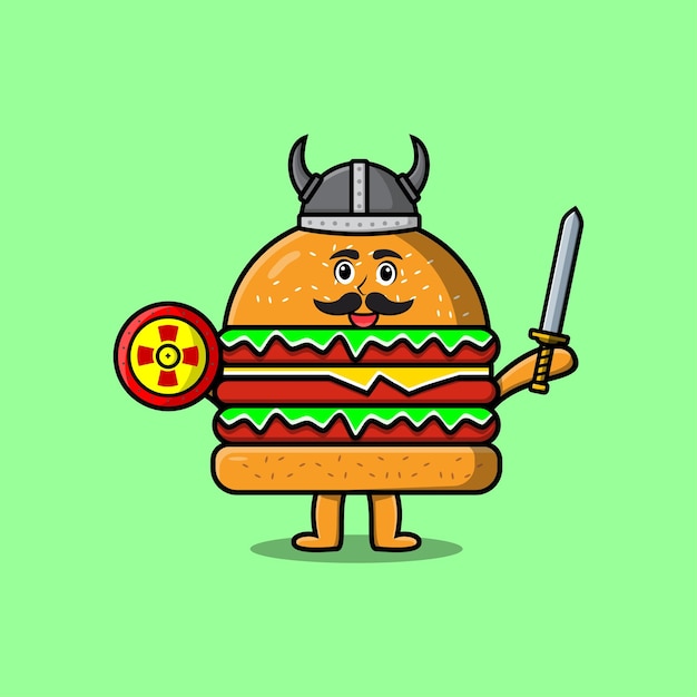 Cute cartoon character Burger viking pirate with hat and holding sword and shield illustration