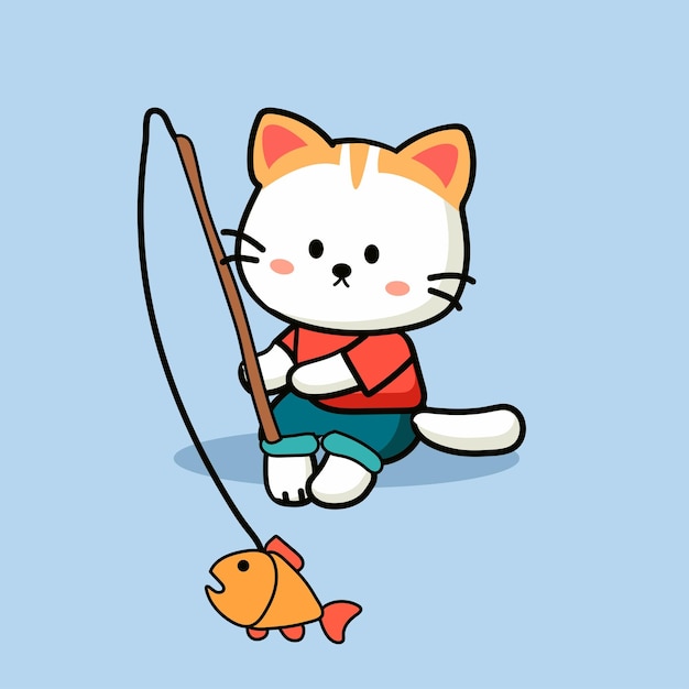 cute cartoon character cat is fishing vector