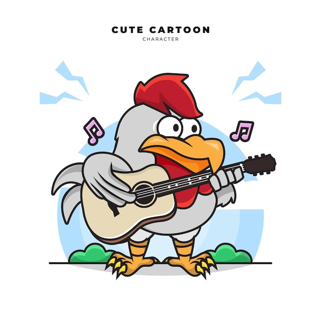 Cute cartoon character of chicken is playing guitar