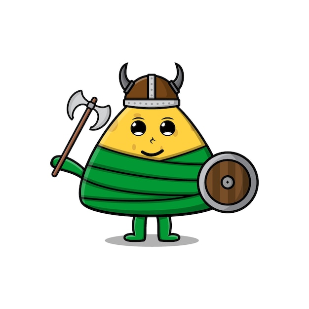 Cute cartoon character Chinese rice dumpling viking pirate with hat and holding ax and shield