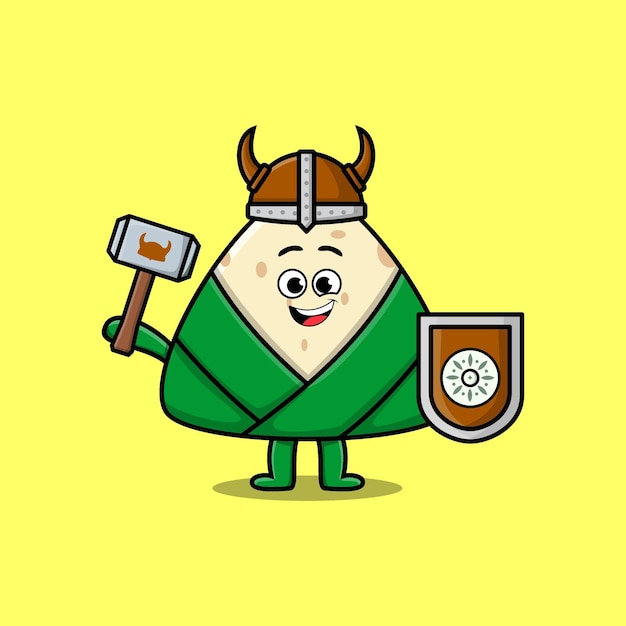 Cute cartoon character Chinese rice dumpling viking pirate with hat and holding hammer and shield