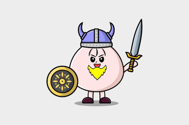 Cute cartoon character Dim sum viking pirate with hat and holding sword and shield illustration