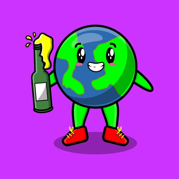 Cute cartoon character Earth with soda bottle in modern cute style design