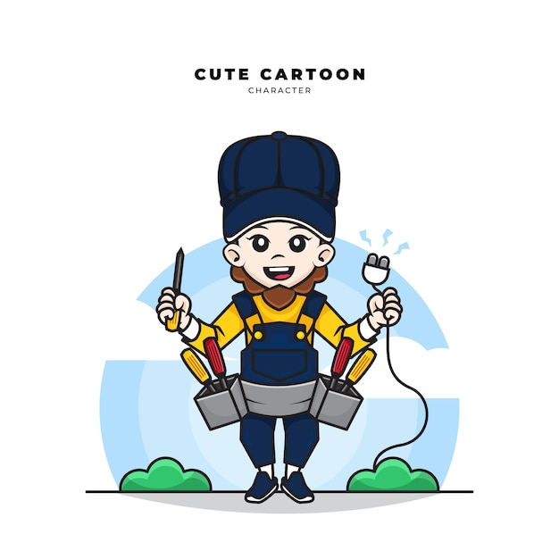 Cute cartoon character of electrical worker holding screwdrivers and plug wires