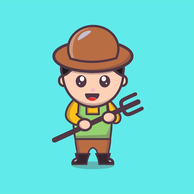 Cute cartoon character farmer vector design with fork Smiling boy with shiny eyes and freck