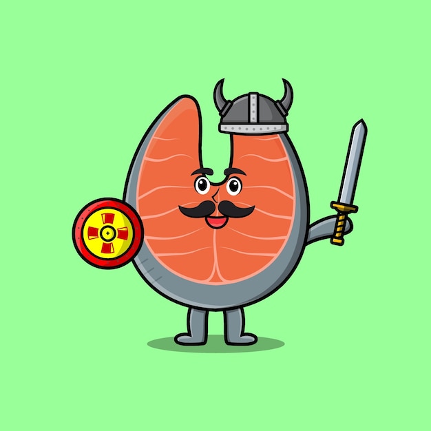 Cute cartoon character Fresh salmon viking pirate with hat and holding sword and shield