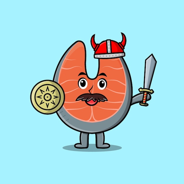 Cute cartoon character Fresh salmon viking pirate with hat and holding sword and shield