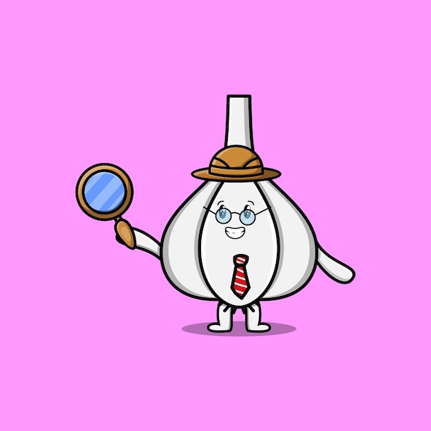 Cute cartoon character Garlic detective is searching with magnifying glass