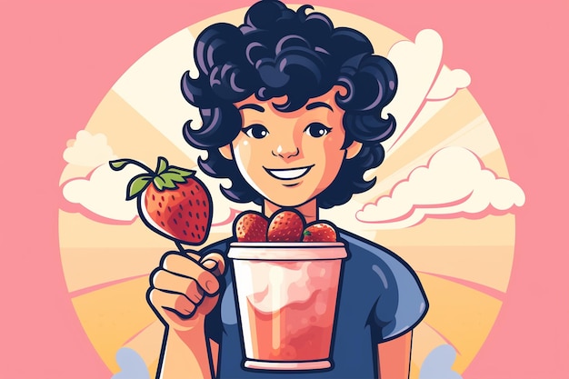 Vector cute cartoon character in glass holding strawberry