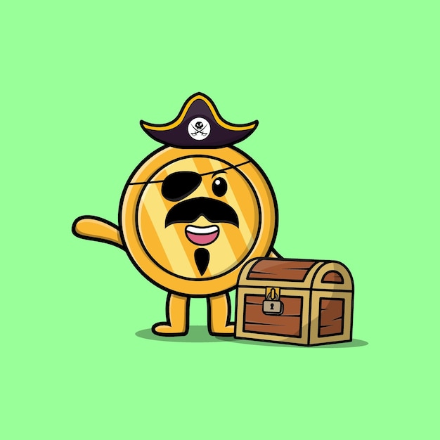 Vector cute cartoon character gold coin pirate with treasure box in modern style design