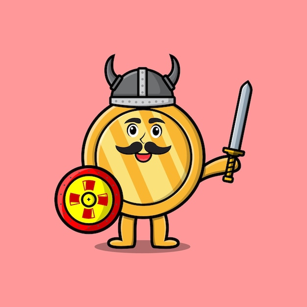 Cute cartoon character Gold coin viking pirate with hat and holding sword and shield