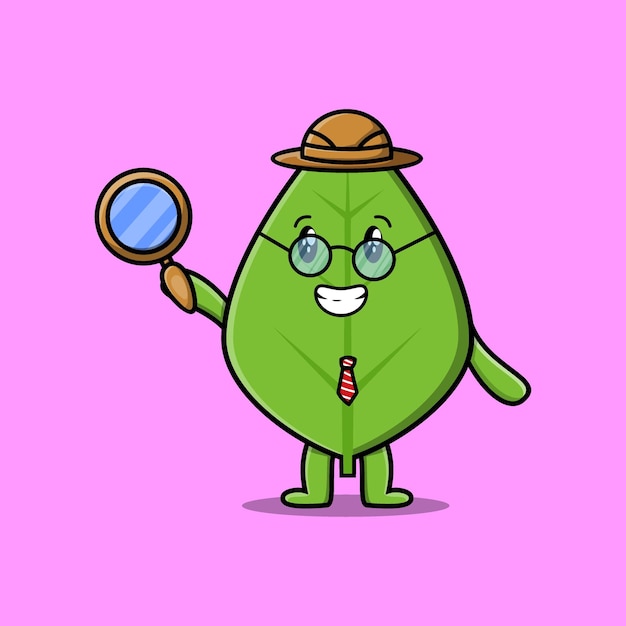 Cute cartoon character Green leaf detective is searching with magnifying glass and cute style design