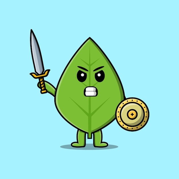 Cute cartoon character Green leaf holding sword and shield in modern style design