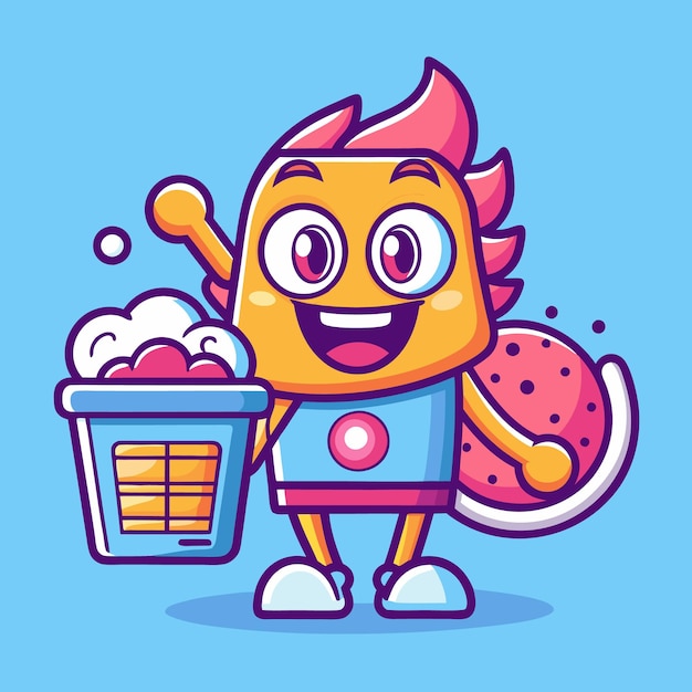 Vector cute cartoon character holding a bucket of foam