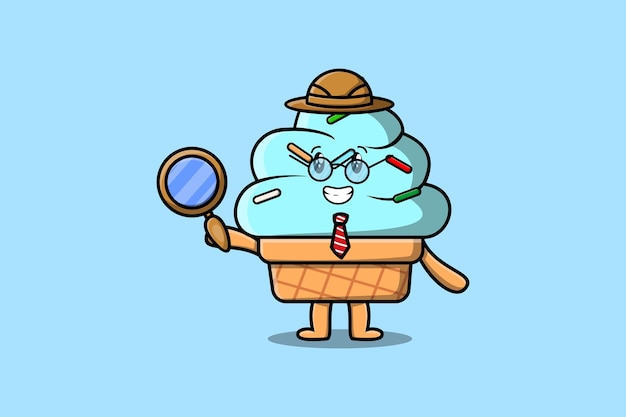 Cute cartoon character Ice cream detective is searching with magnifying glass