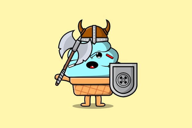 Cute cartoon character Ice cream viking pirate with hat and holding ax and shield