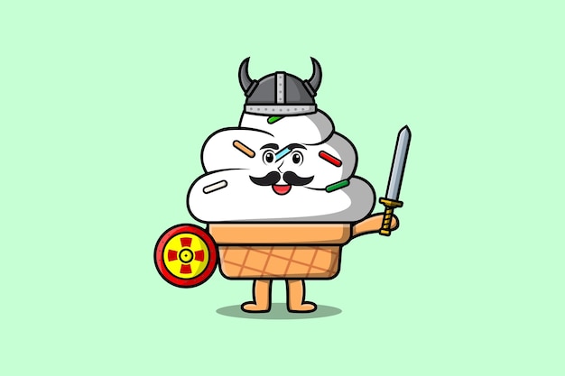 Cute cartoon character Ice cream viking pirate with hat and holding sword and shield illustration