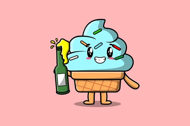 Cute cartoon character Ice cream with soda bottle in modern cute style design flat illustration