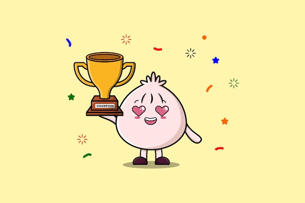 Cute Cartoon character illustration of Dim sum is holding up the golden trophy in illustration