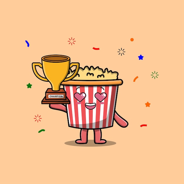 Cute Cartoon character illustration of Popcorn is holding up the golden trophy in illustration