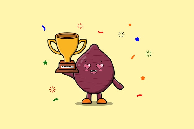 Cute Cartoon character illustration of Sweet potato is holding up the golden trophy in illustration