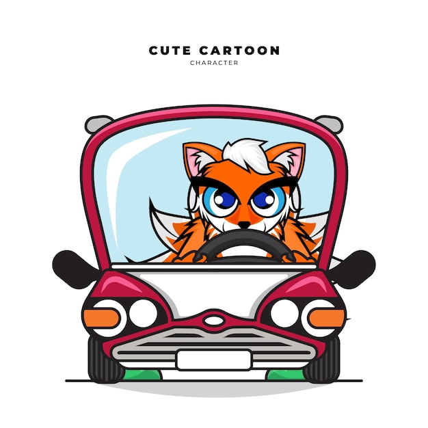 Cute cartoon character of kitsune nine tailed fox was driving a car