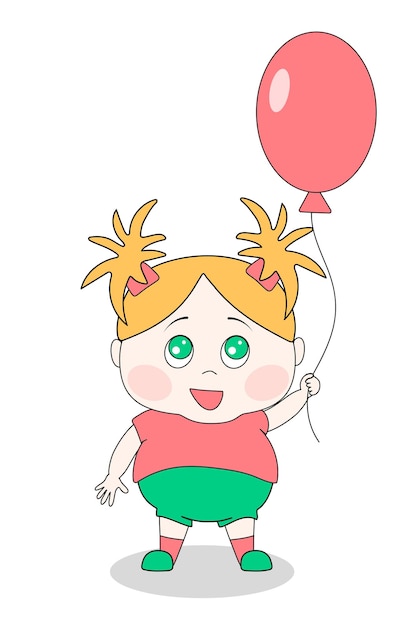 Cute cartoon character Little girl with red balloon