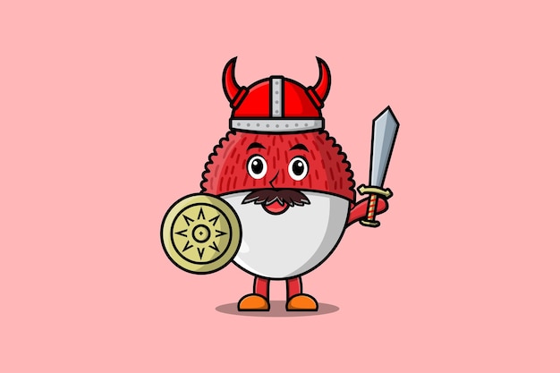 Cute cartoon character Lychee viking pirate with hat and holding sword and shield illustration