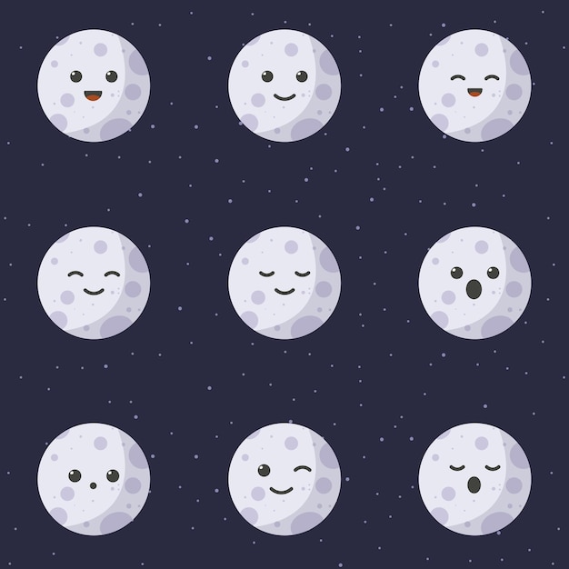 Cute cartoon character of moon Set of cute cartoon planets with different emotions Vector illustration