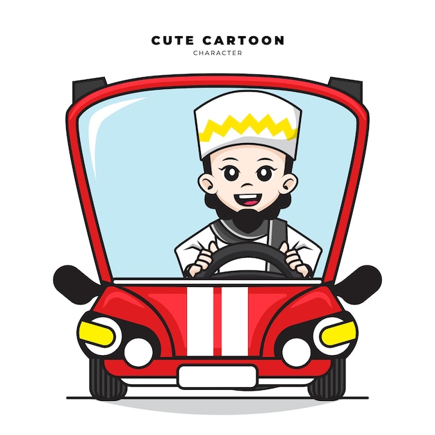 Cute cartoon character of muslim male driving a red car