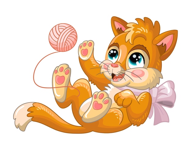 Cute cartoon character orange kitten playing with a ball of thread vector illustration