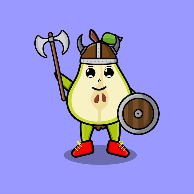 Cute cartoon character Pear fruit viking pirate with hat and holding ax and shield in modern design