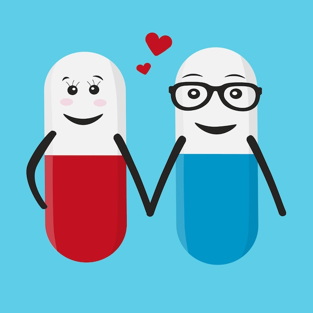 Cute cartoon character pills on blue background Medical pills with heart on head Illustration design concept of Healthcare and Medicine