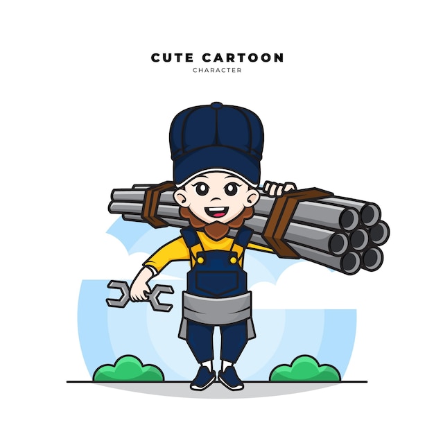 Cute cartoon character of plumber worker was shouldering a bundle of pipes and a wrench