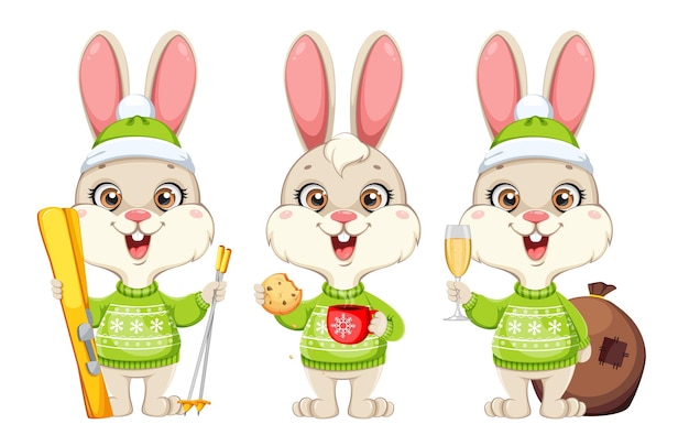 Cute cartoon character rabbit in green sweater