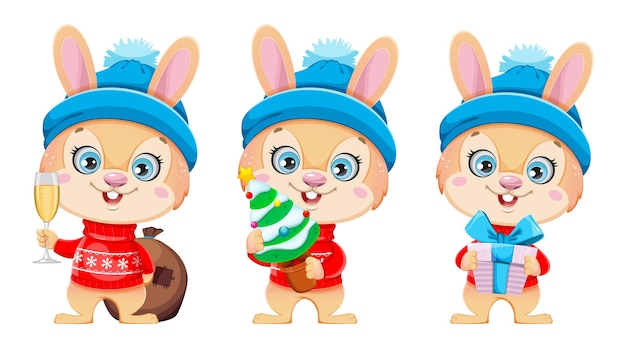 Cute cartoon character rabbit set of three poses