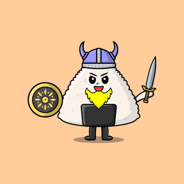 Cute cartoon character Rice japanese sushi viking pirate with hat and holding sword and shield