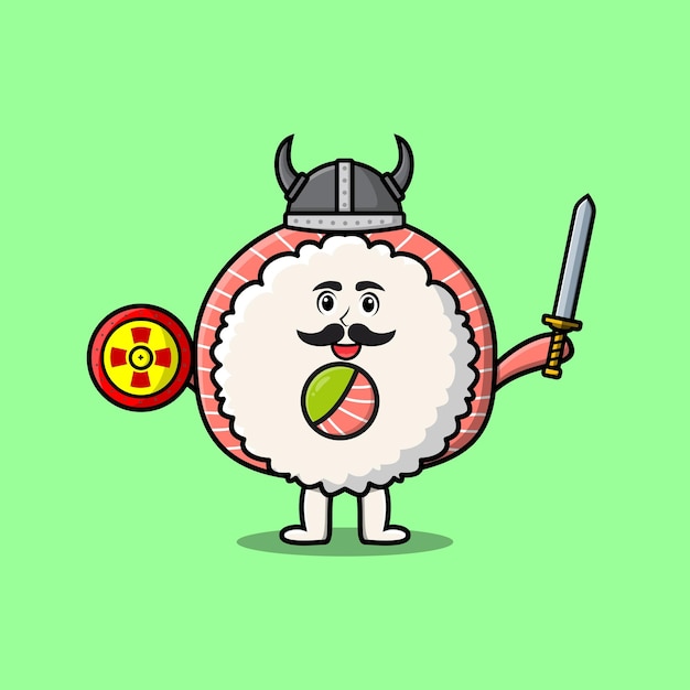 Cute cartoon character Rice sushi rolls sashimi viking pirate with hat and holding sword and shield